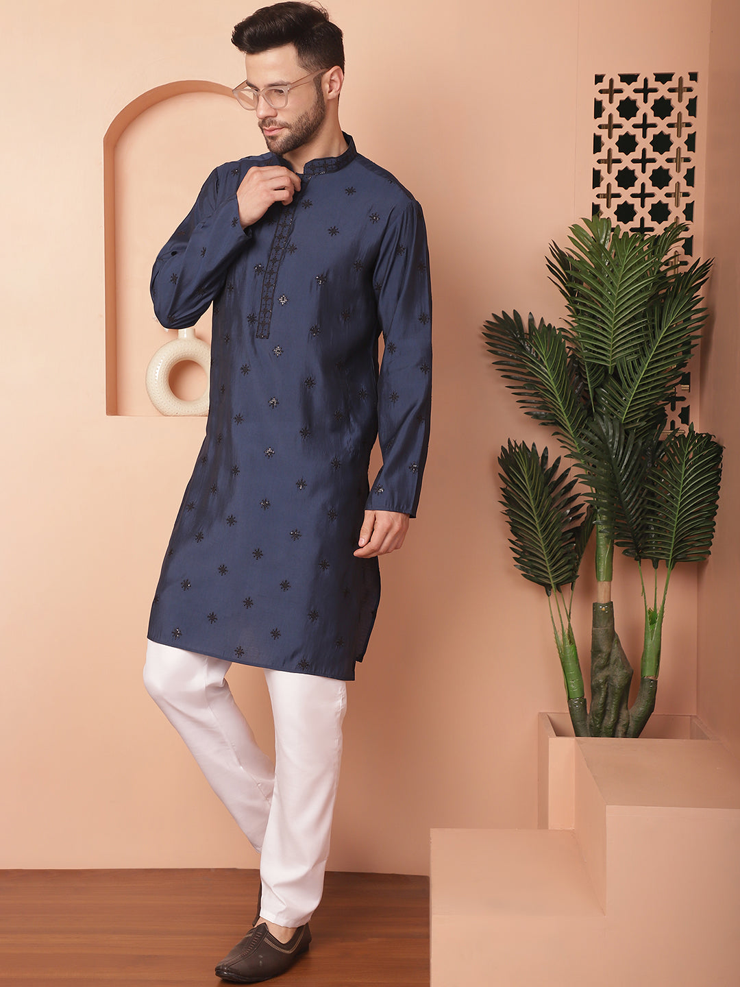 Navy Blue Silk Mirror Sequin Embroidered Kurta Pajama Set