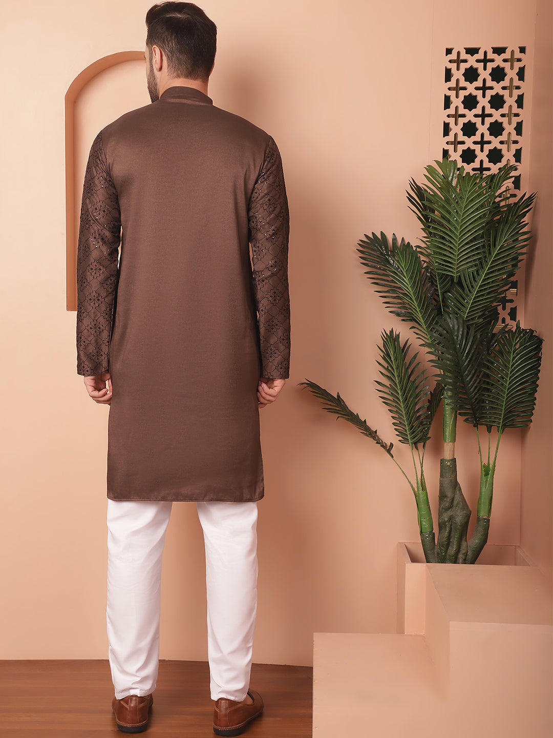 Brown Silk Sequin Embroidered Kurta Pajama Set