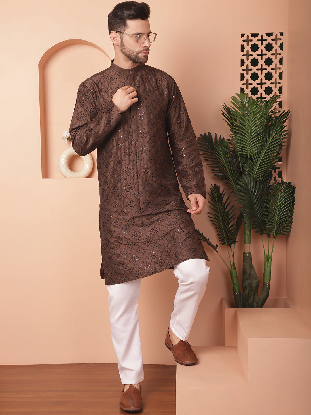 Brown Silk Sequin Embroidered Kurta Pajama Set