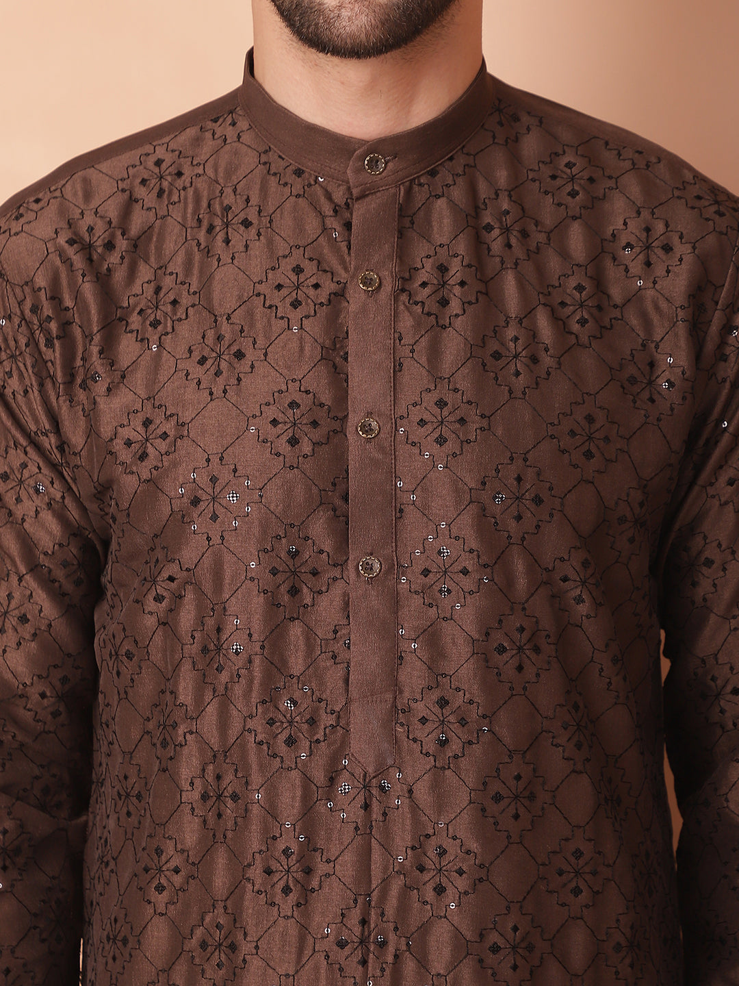 Brown Silk Sequin Embroidered Kurta Pajama Set