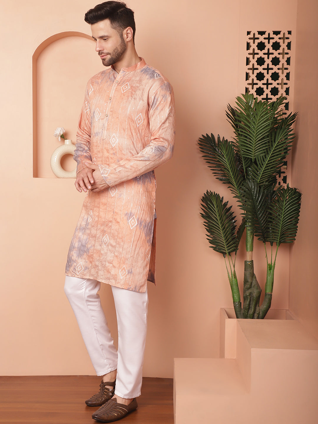 Peach Cotton Ombre Embroidered Kurta Pajama Set