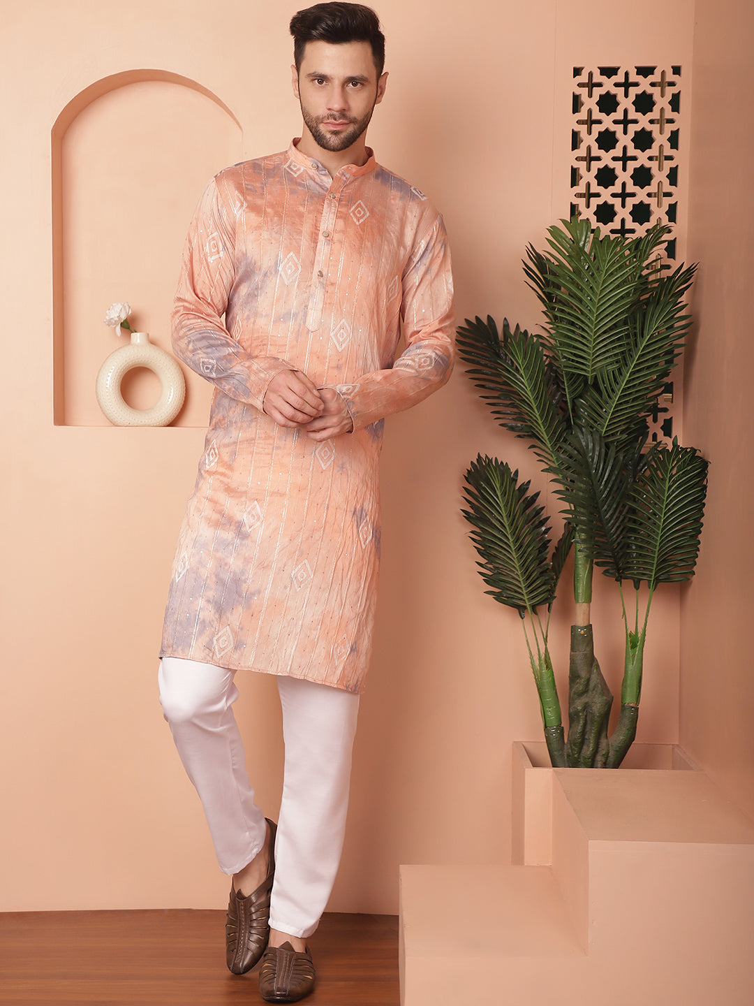 Peach Cotton Ombre Embroidered Kurta Pajama Set