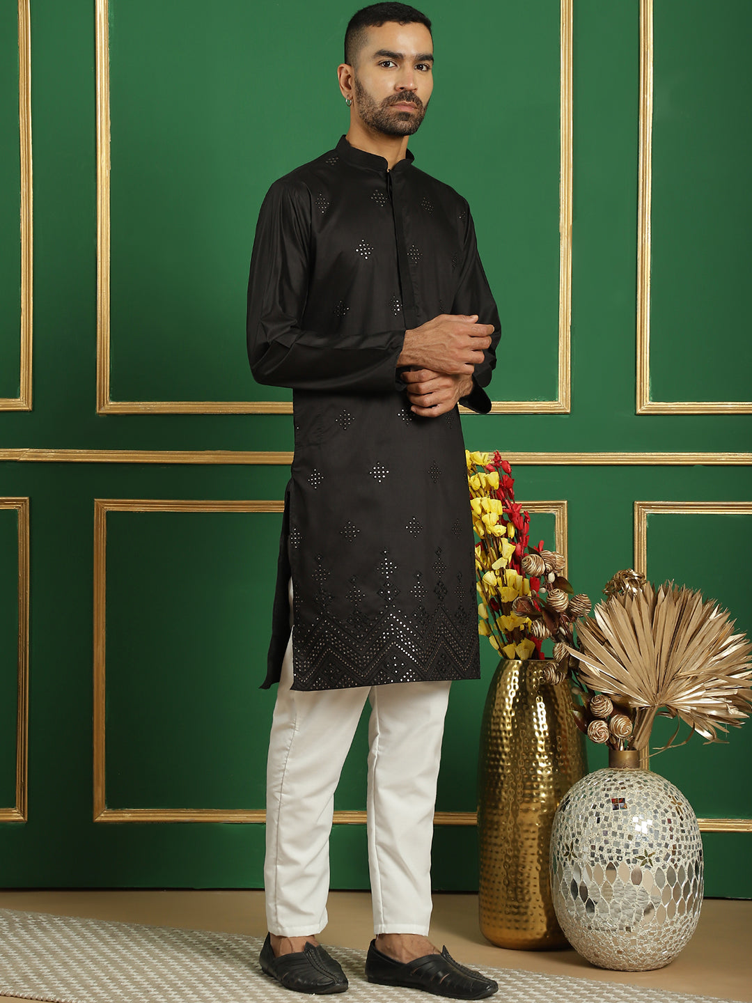 Black Silk Mirror Sequin Embroidered Kurta Pajama Set