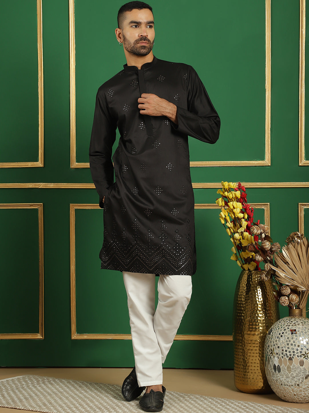 Black Silk Mirror Sequin Embroidered Kurta Pajama Set