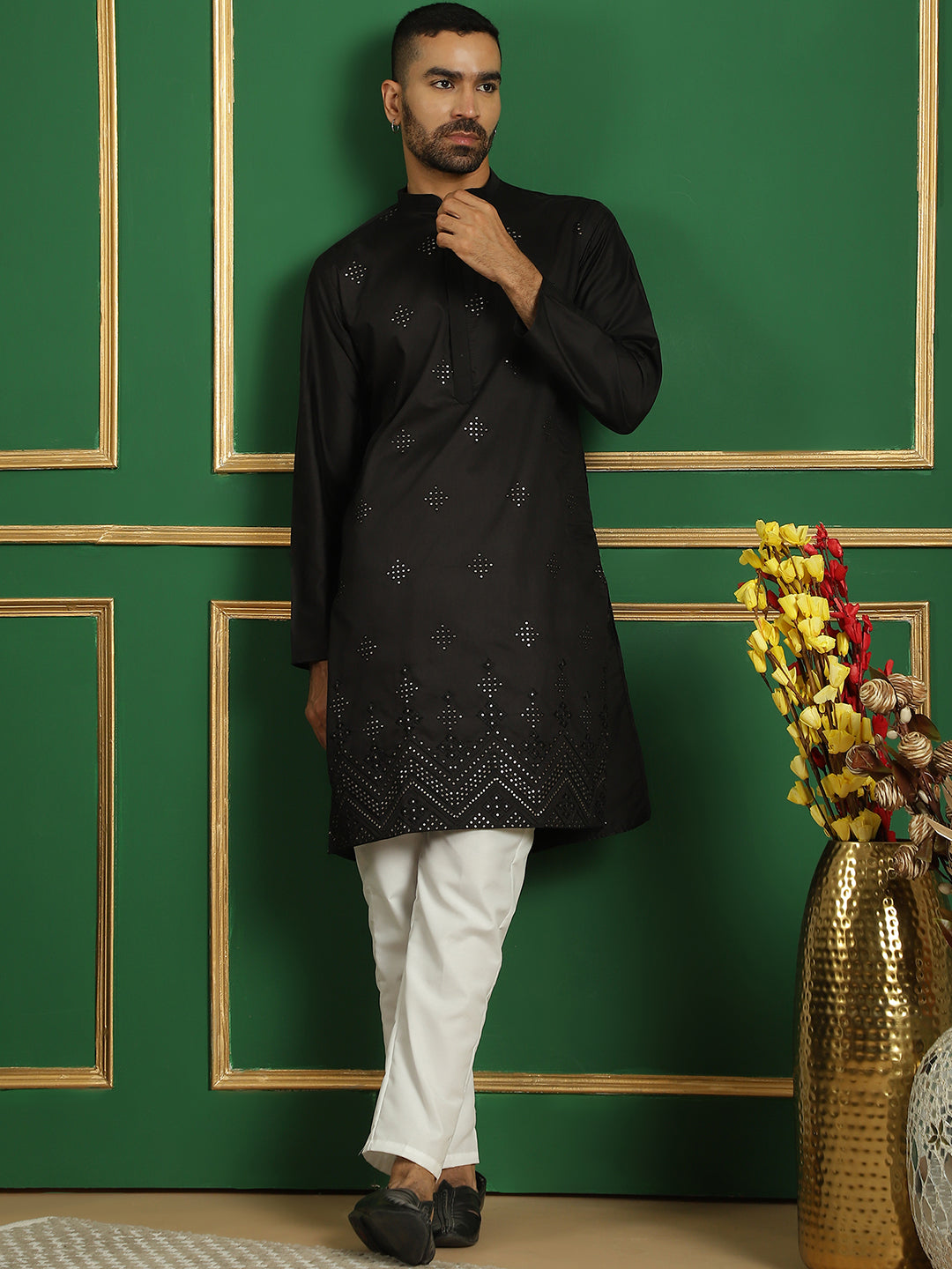 Black Silk Mirror Sequin Embroidered Kurta Pajama Set