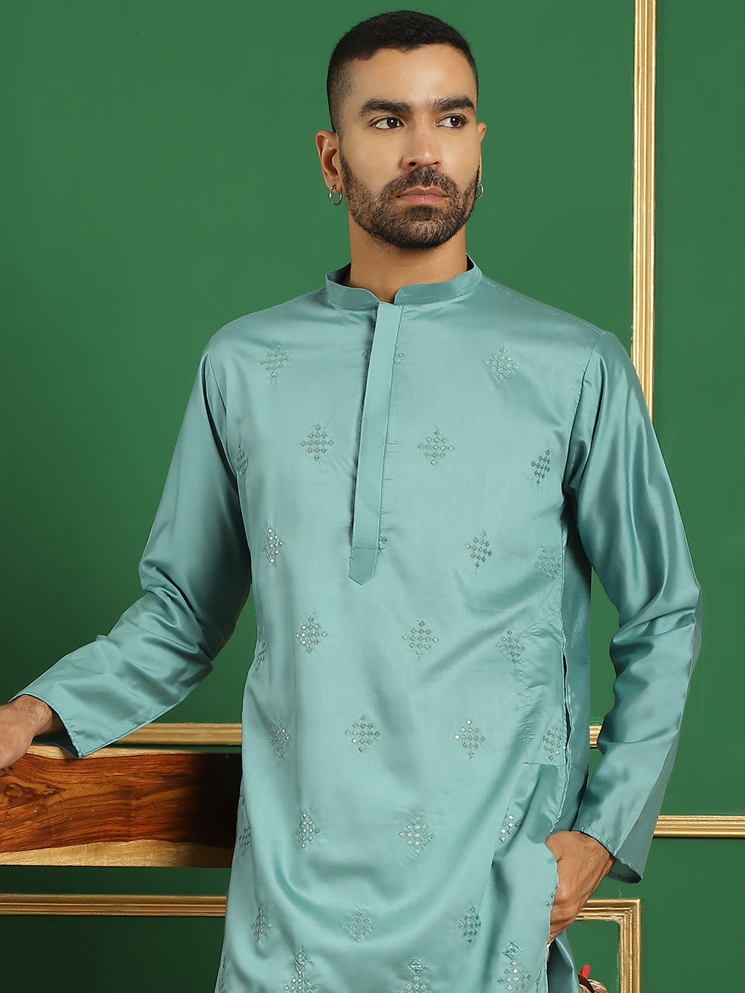 Blue Silk Mirror Sequin Embroidered Kurta Pajama Set