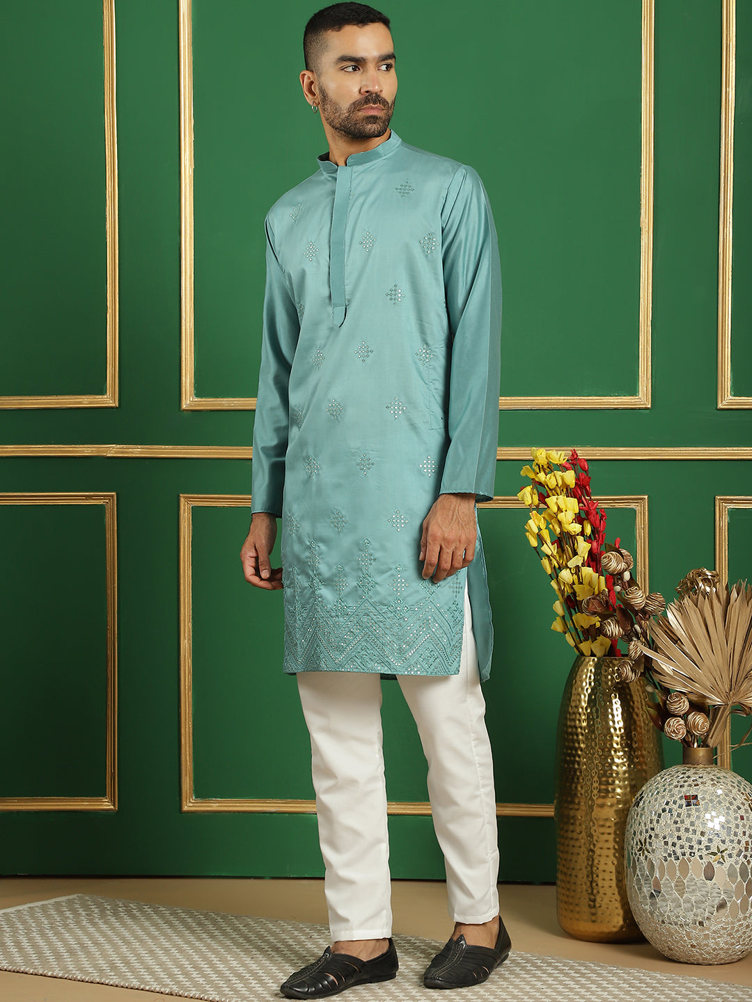 Blue Silk Mirror Sequin Embroidered Kurta Pajama Set