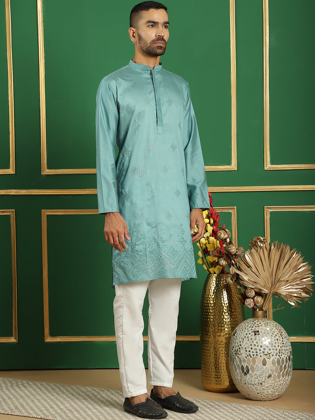 Blue Silk Mirror Sequin Embroidered Kurta Pajama Set