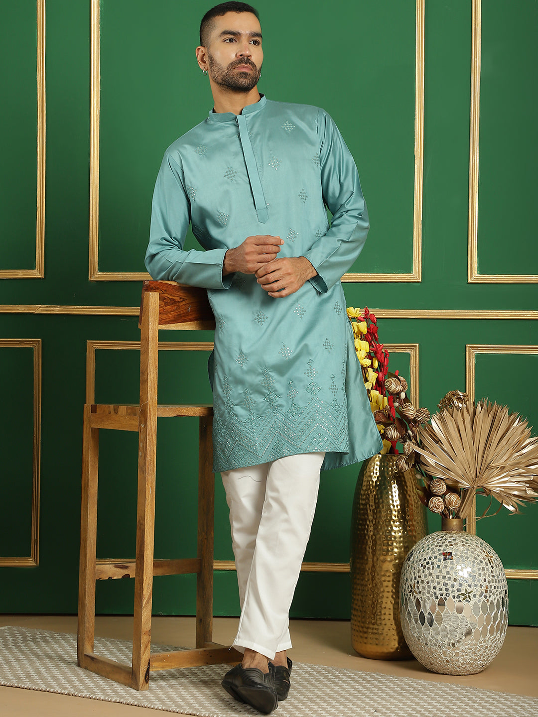 Blue Silk Mirror Sequin Embroidered Kurta Pajama Set