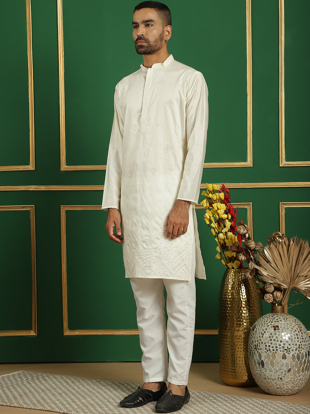 Off White Silk Sequin Embroidered Kurta Pajama Set