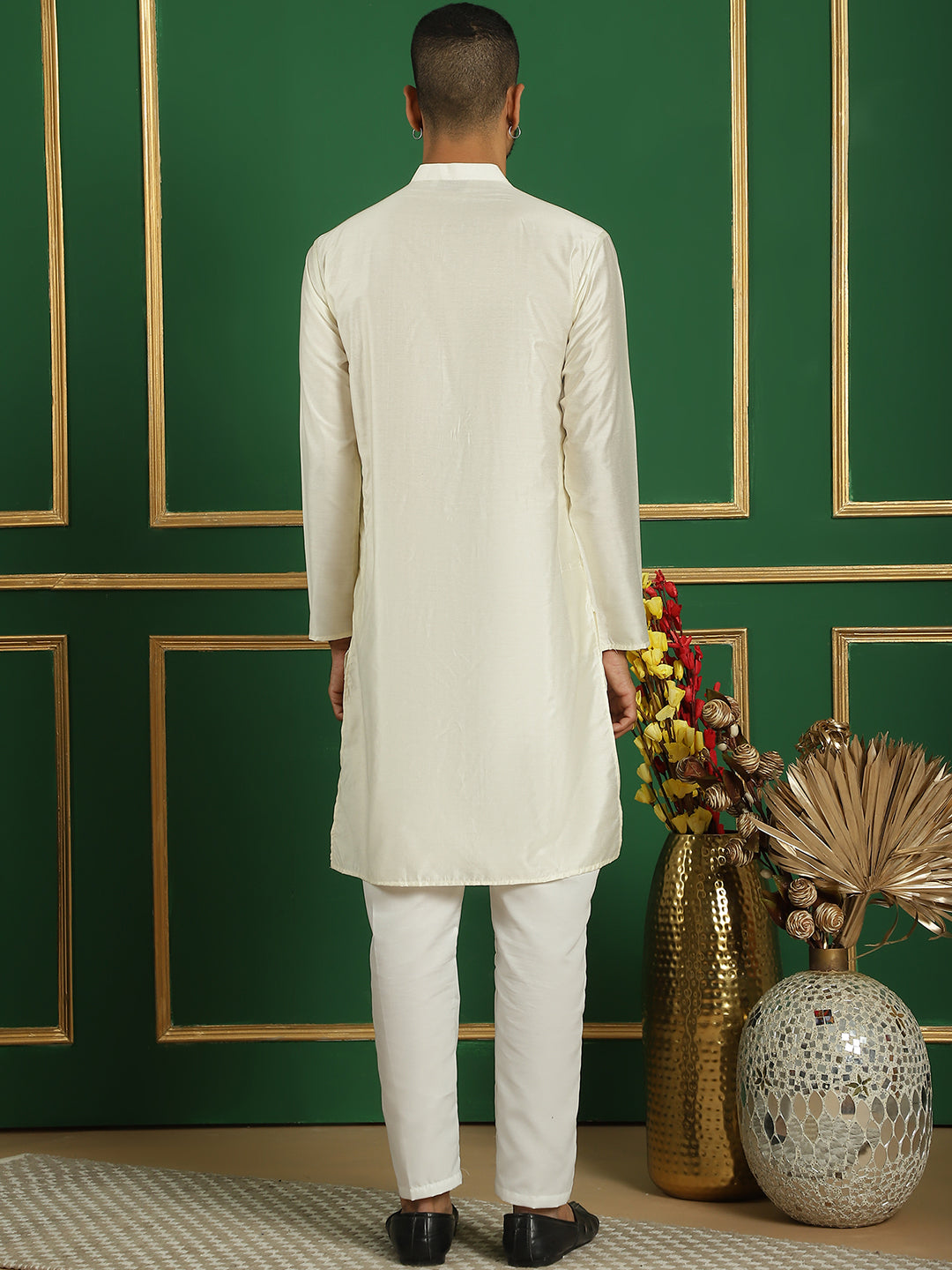 Off White Silk Sequin Embroidered Kurta Pajama Set