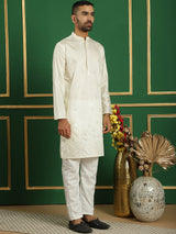 Off White Silk Sequin Embroidered Kurta Pajama Set