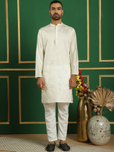 Off White Silk Sequin Embroidered Kurta Pajama Set