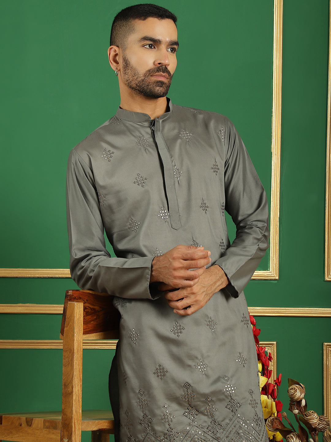 Gray Silk Sequin Embroidered Kurta Pajama Set