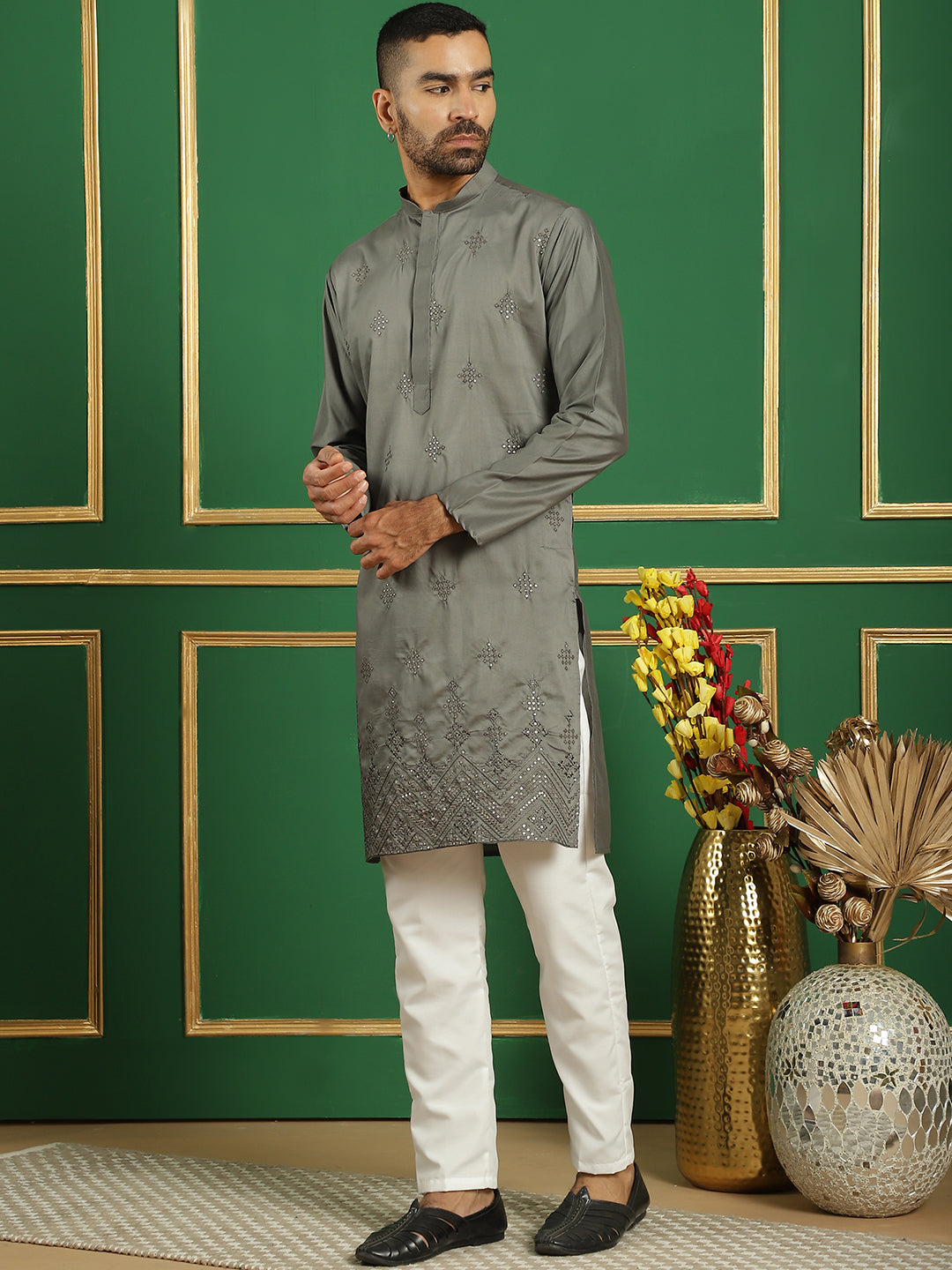 Gray Silk Sequin Embroidered Kurta Pajama Set