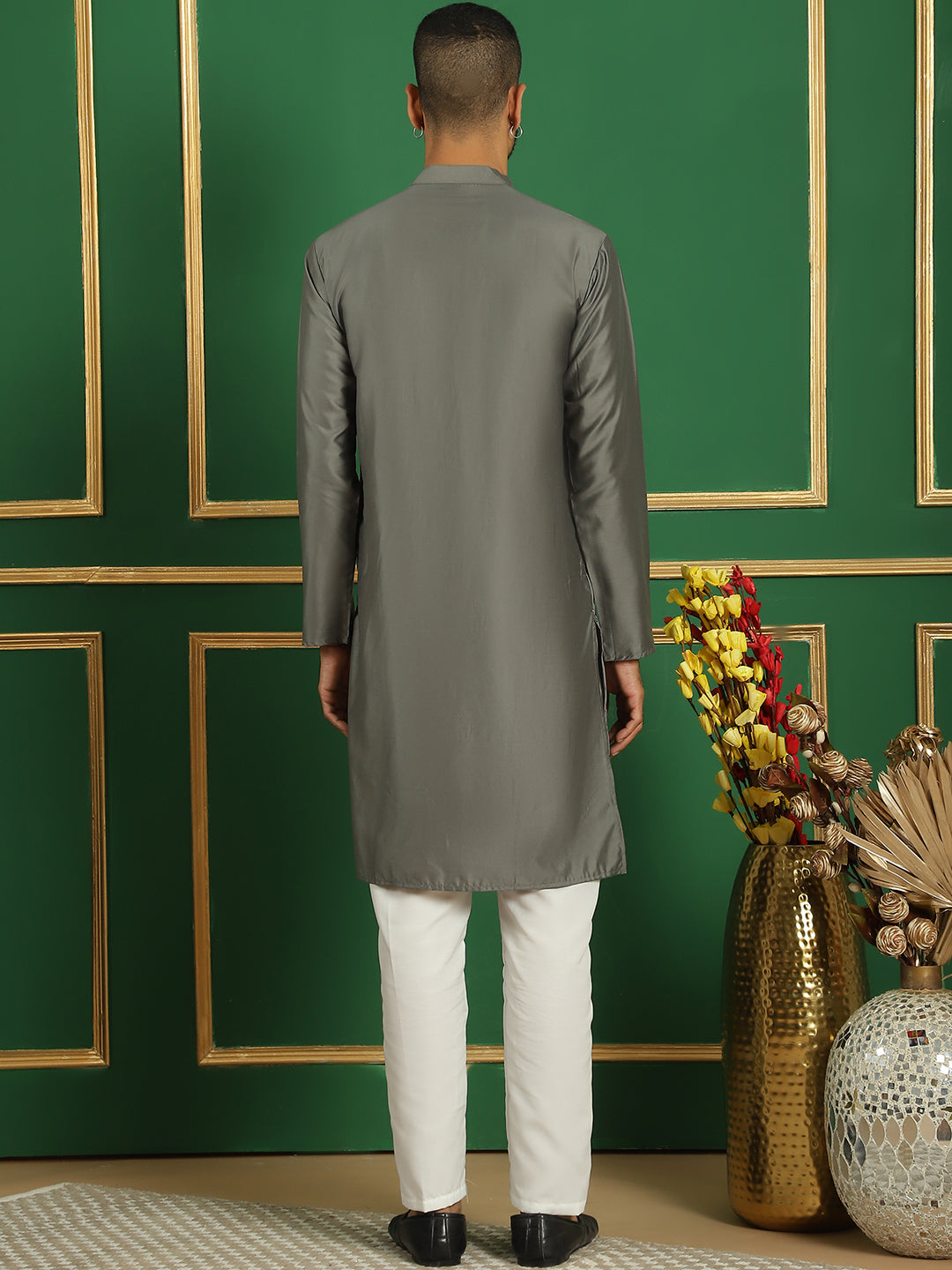 Gray Silk Sequin Embroidered Kurta Pajama Set