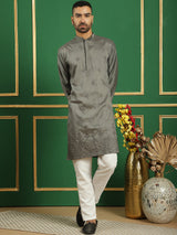 Gray Silk Sequin Embroidered Kurta Pajama Set