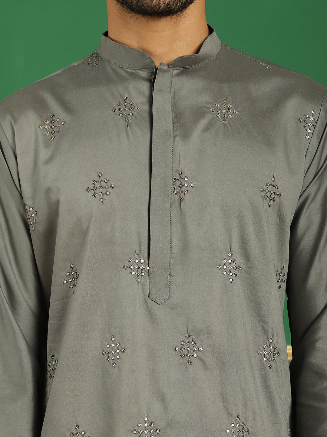 Gray Silk Sequin Embroidered Kurta Pajama Set