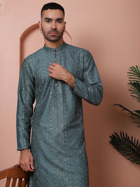 Teal Silk Sequin Embroidered Kurta Pajama Set