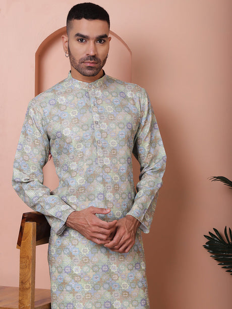 Green Cotton Printed Embroidered Kurta Pajama Set