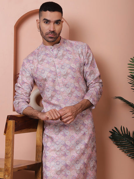 Purple Cotton Printed Embroidered Kurta Pajama Set