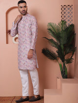 Purple Cotton Printed Embroidered Kurta Pajama Set