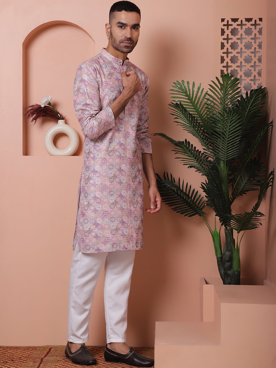 Purple Cotton Printed Embroidered Kurta Pajama Set