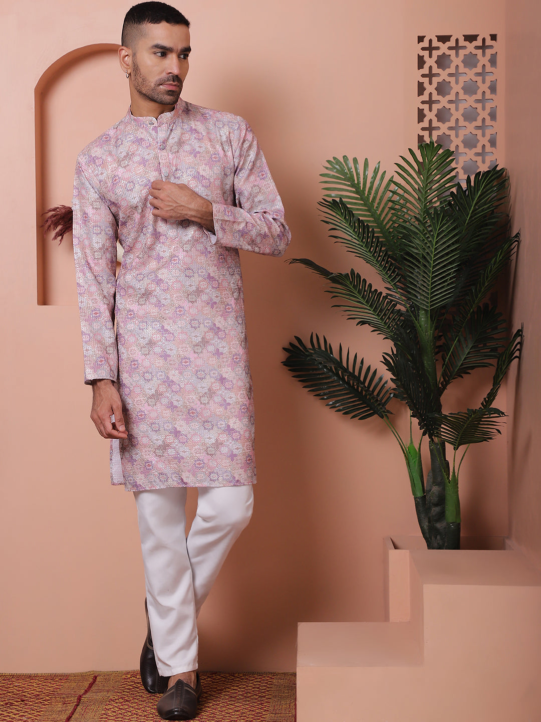 Purple Cotton Printed Embroidered Kurta Pajama Set