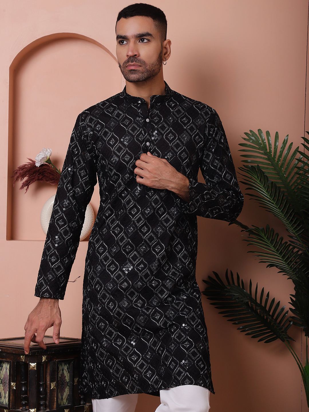 Black Viscose Mirror Sequin Embroidered Kurta Pajama Set