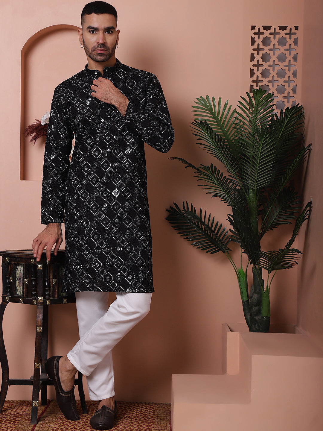 Black Viscose Mirror Sequin Embroidered Kurta Pajama Set