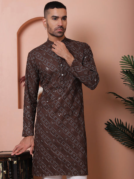 Brown Viscose Mirror Sequin Embroidered Kurta Pajama Set