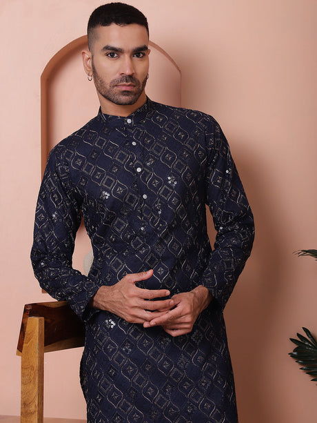 Navy Blue Viscose Mirror Sequin Embroidered Kurta Pajama Set