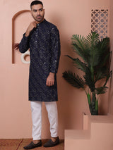 Navy Blue Viscose Mirror Sequin Embroidered Kurta Pajama Set