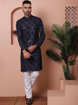 Navy Blue Viscose Mirror Sequin Embroidered Kurta Pajama Set