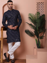 Navy Blue Viscose Mirror Sequin Embroidered Kurta Pajama Set