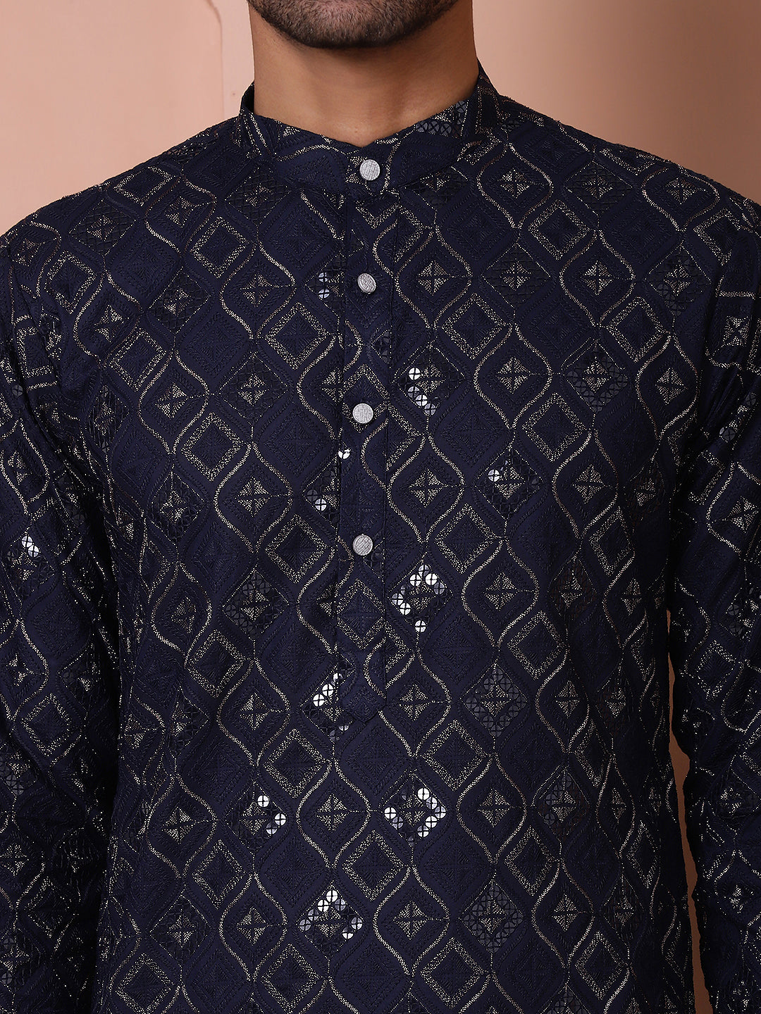 Navy Blue Viscose Mirror Sequin Embroidered Kurta Pajama Set