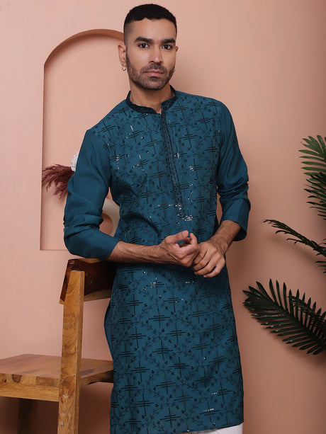 Teal Viscose Mirror Sequin Embroidered Kurta Pajama Set