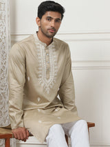 Beige Silk Embroidered Kurta Pajama Set