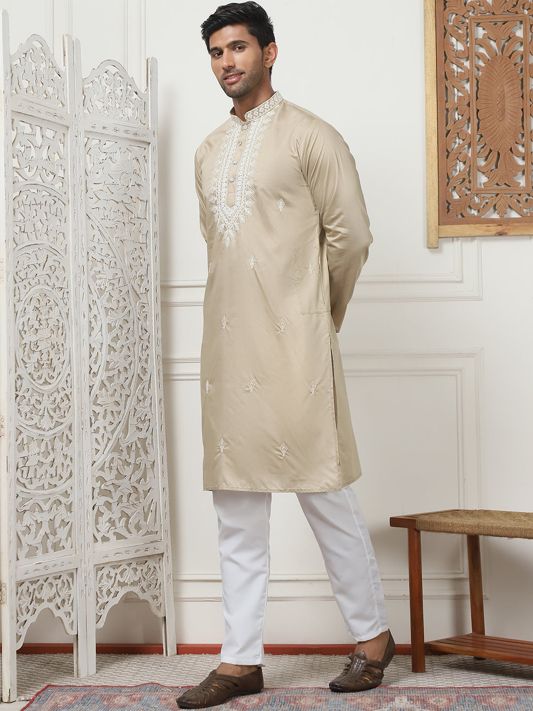 Beige Silk Embroidered Kurta Pajama Set