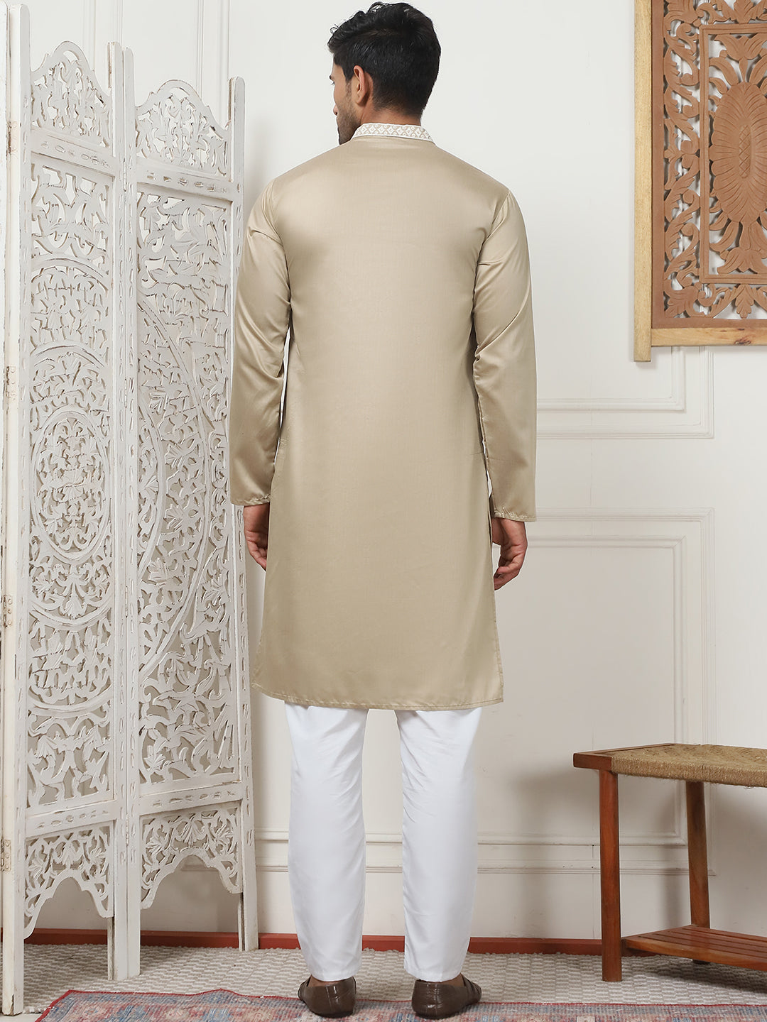 Beige Silk Embroidered Kurta Pajama Set