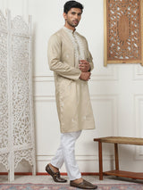 Beige Silk Embroidered Kurta Pajama Set