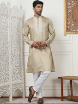 Beige Silk Embroidered Kurta Pajama Set