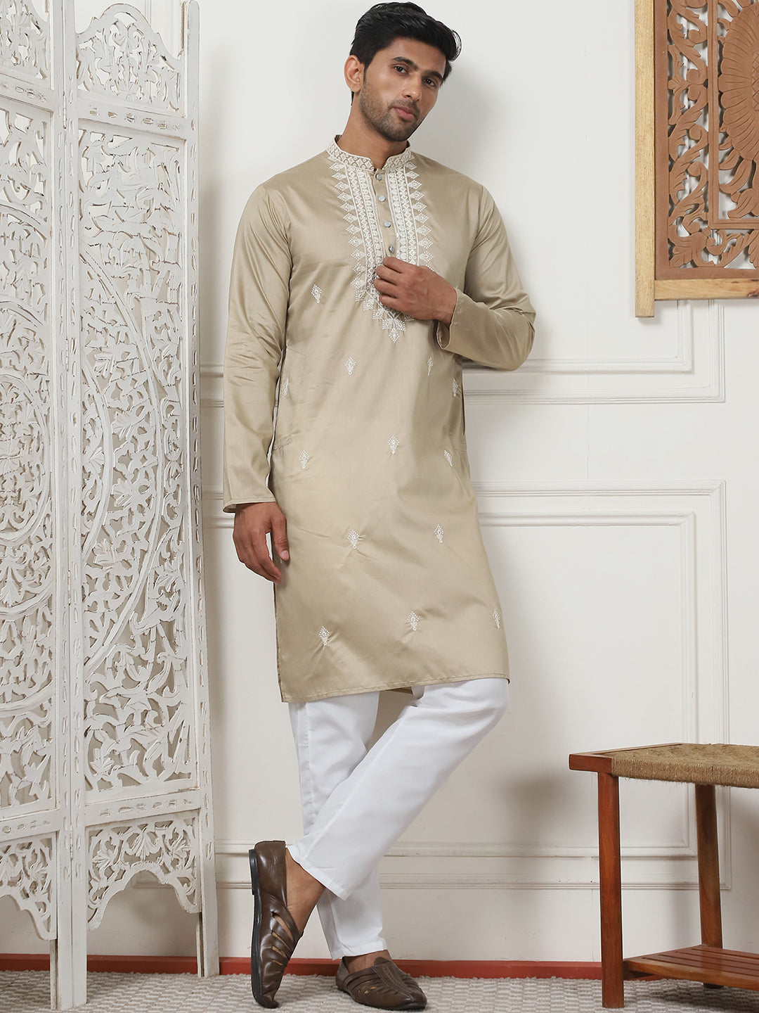 Beige Silk Embroidered Kurta Pajama Set