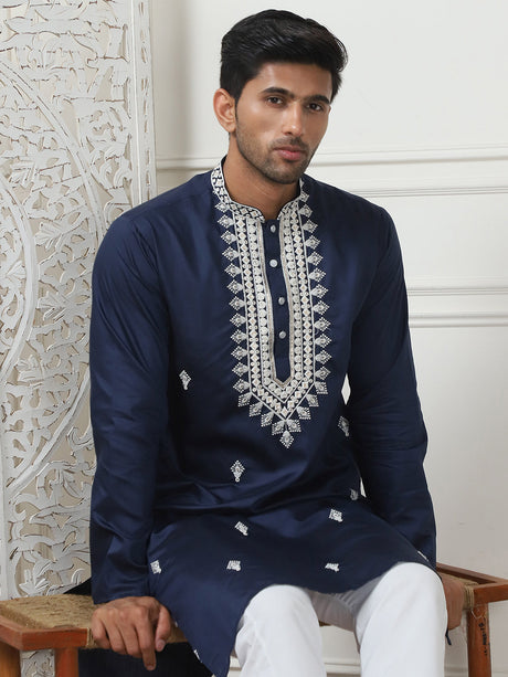 Navy Blue Silk Embroidered Kurta Pajama Set