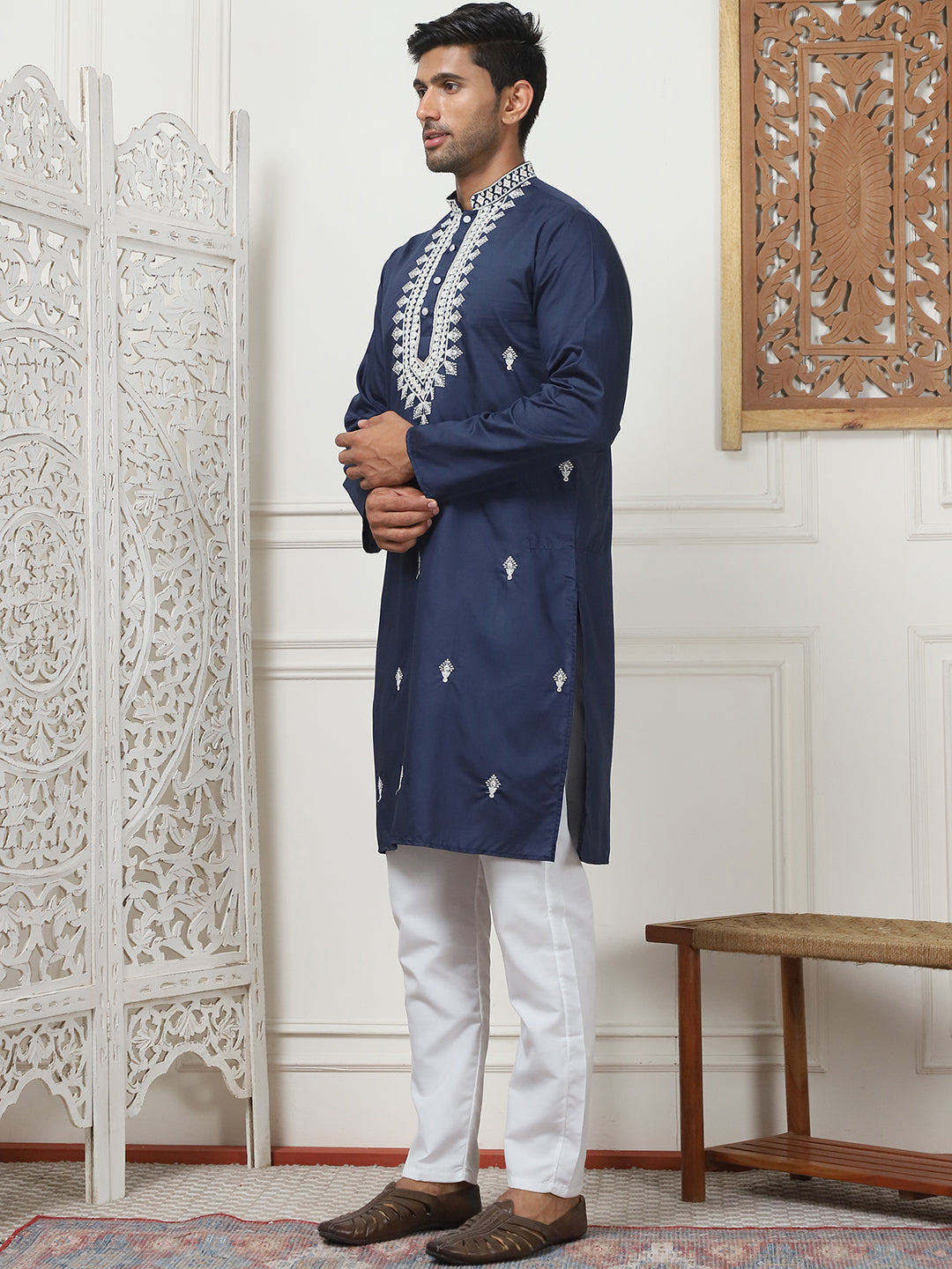 Navy Blue Silk Embroidered Kurta Pajama Set