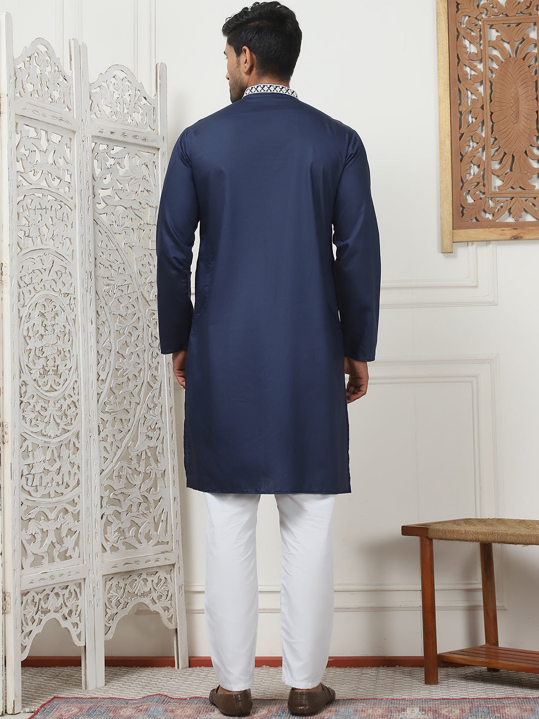 Navy Blue Silk Embroidered Kurta Pajama Set