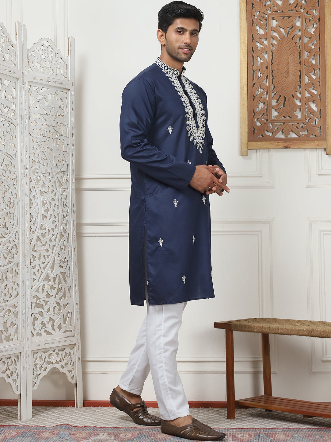 Navy Blue Silk Embroidered Kurta Pajama Set