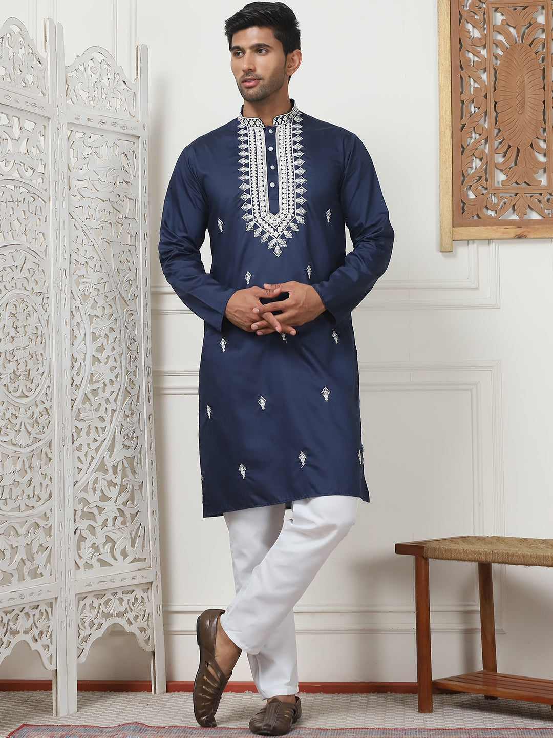 Navy Blue Silk Embroidered Kurta Pajama Set