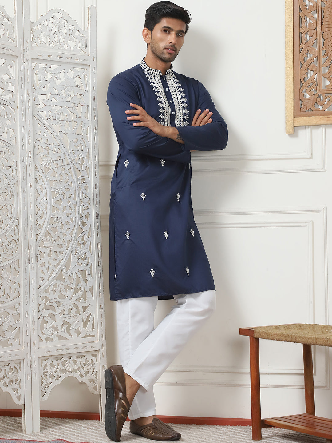 Navy Blue Silk Embroidered Kurta Pajama Set