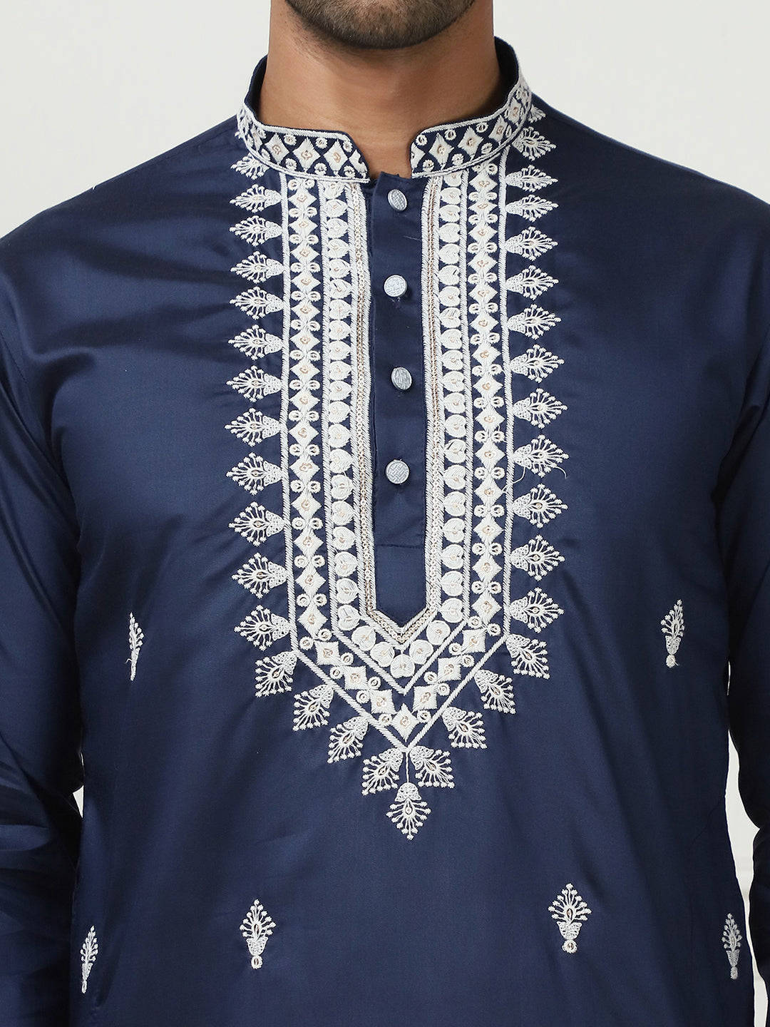 Navy Blue Silk Embroidered Kurta Pajama Set